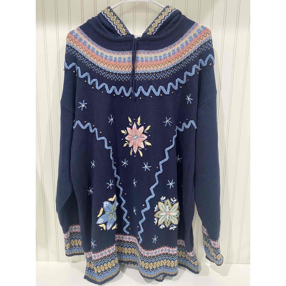 Maggie Lawrence Women's Blue Pastels Embroidered Long Sleeve Hooded Hoodie Large